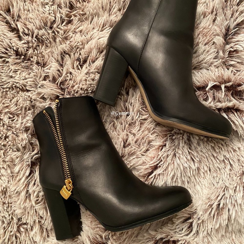 Black Leather Gold Lock Zipper Frenchie Booties